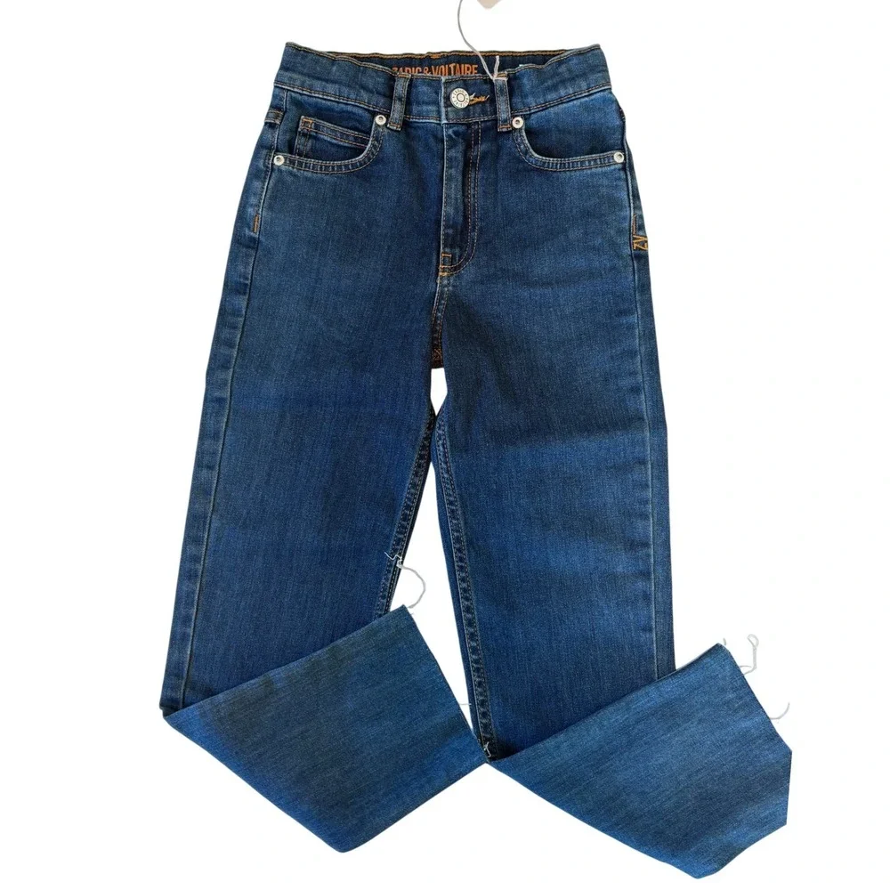 Zadig‎ & Voltaire Maggie Jeans Blue Kids Size 8 Embroidered Skull Raw Hem